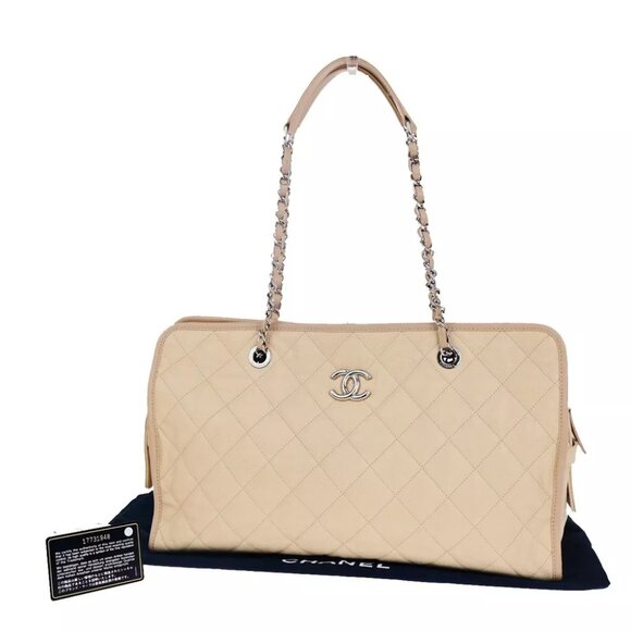 CHANEL CC Logo Chain Shoulder Bag Caviar Skin Leather Beige SHW Italy 622RK301 - Picture 1 of 16